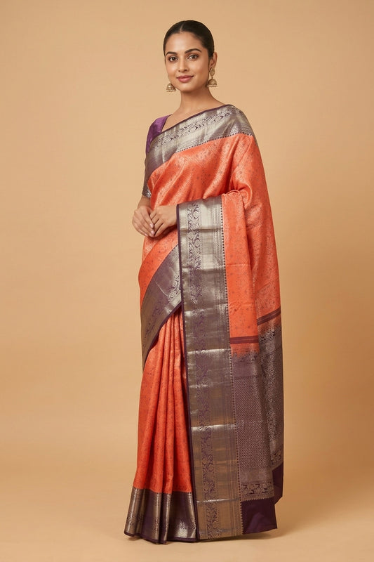 Orange and brown brocade silk saree