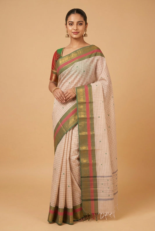 Offwhite and green kanchi cotton saree