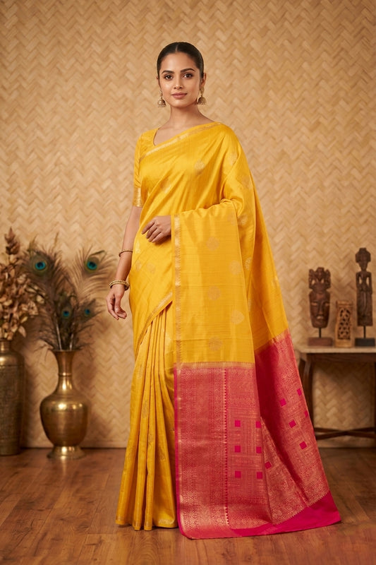 Ducky yellow and pink pure touch silk saree