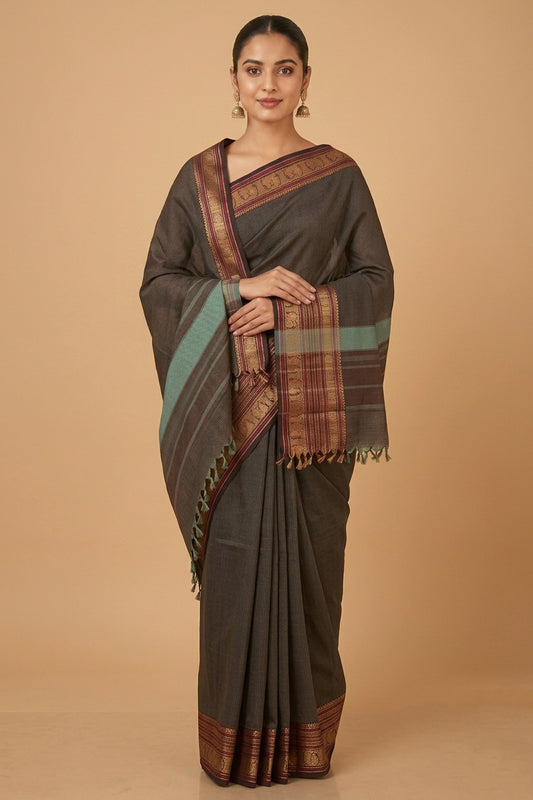 Grey and brown kanchi cotton saree