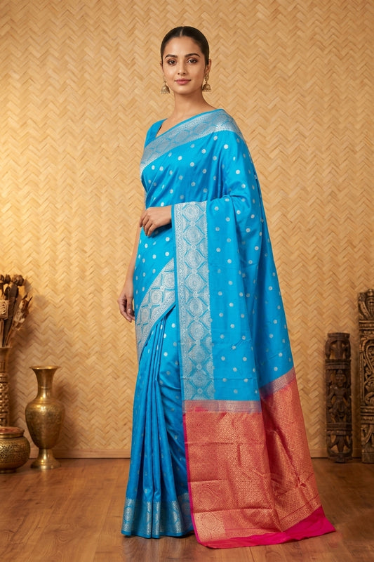 Azure blue and pink designer pure touch silk saree