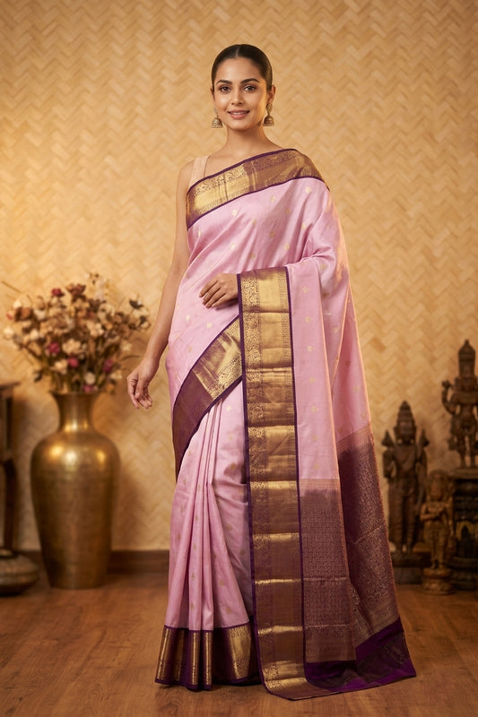 Cherry Blossom Pink and Eggplant Purple Pure Touch silk saree)