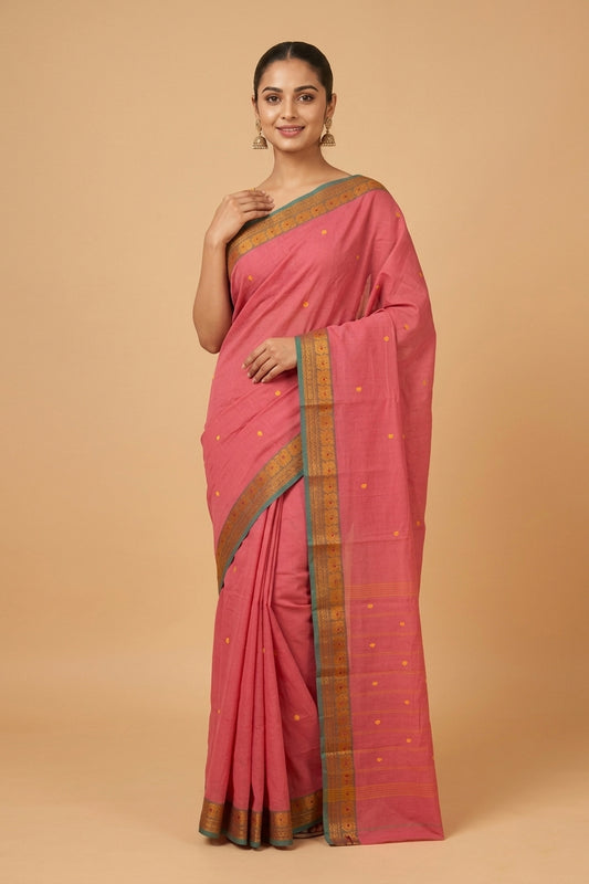 Pink and green kanchi cotton saree