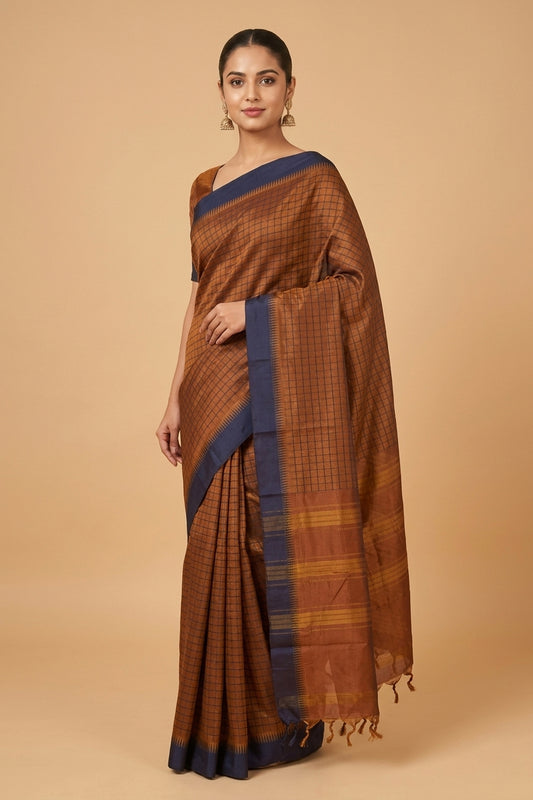 Brown and blue kanchi cotton saree