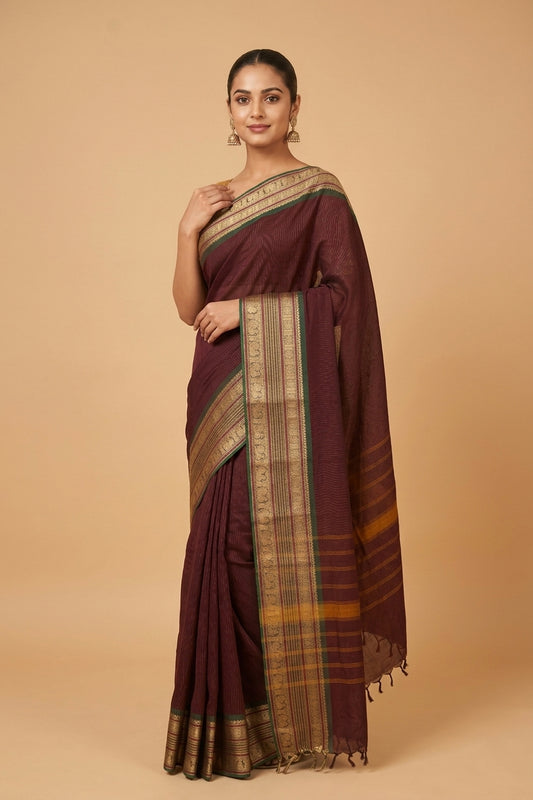 Brown and green kanchi cotton saree