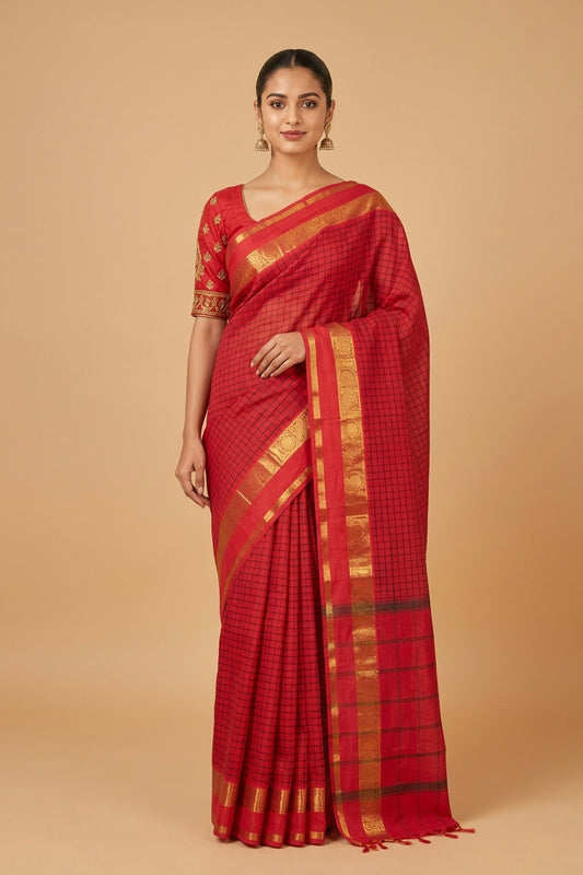 Red muthu kattam kanchi cotton saree