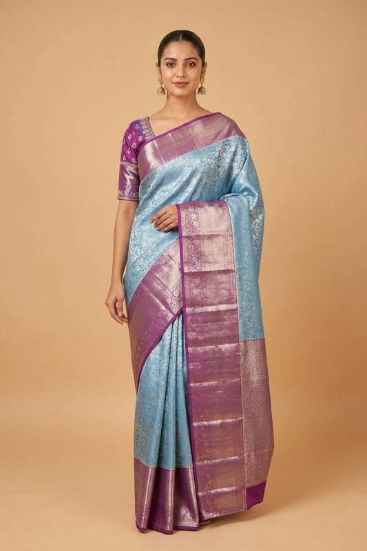 Pastel blue and purple tissue silk saree