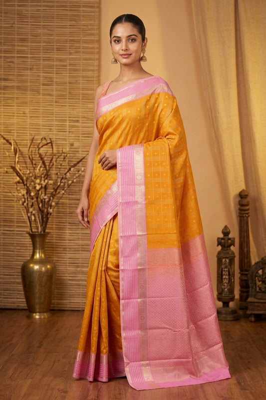 Yellow and baby pink retta pettu semi silk saree