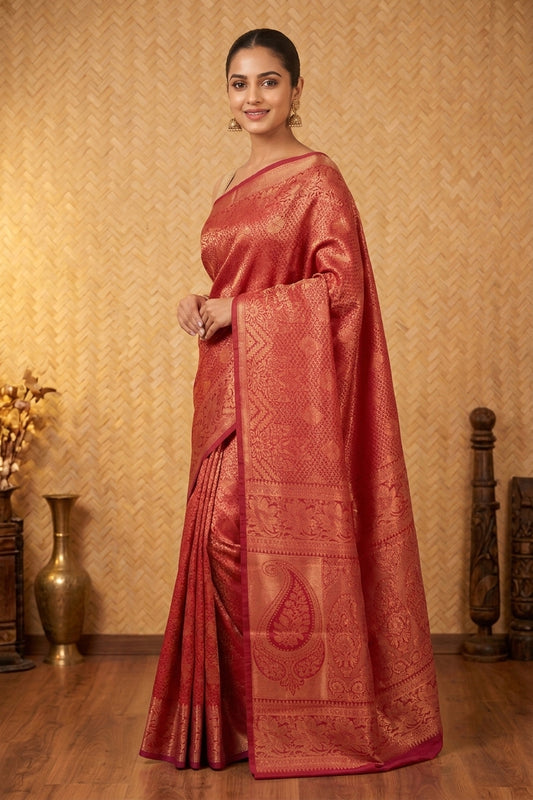 Blood red designer brocade semi silk saree