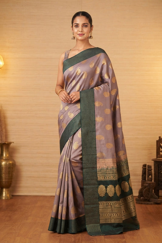 Grey and green varusaipet soft silk saree