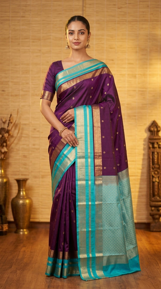 Purple and turquoise korvai pure touch silk saree