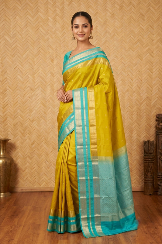 Lime green and turquoise pure touch silk saree