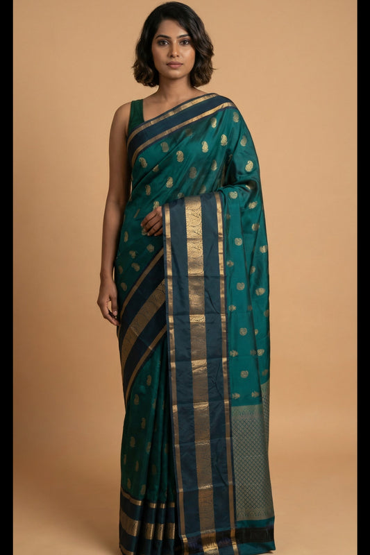 Peacock Green Traditional Big Border Pure Touch silk saree