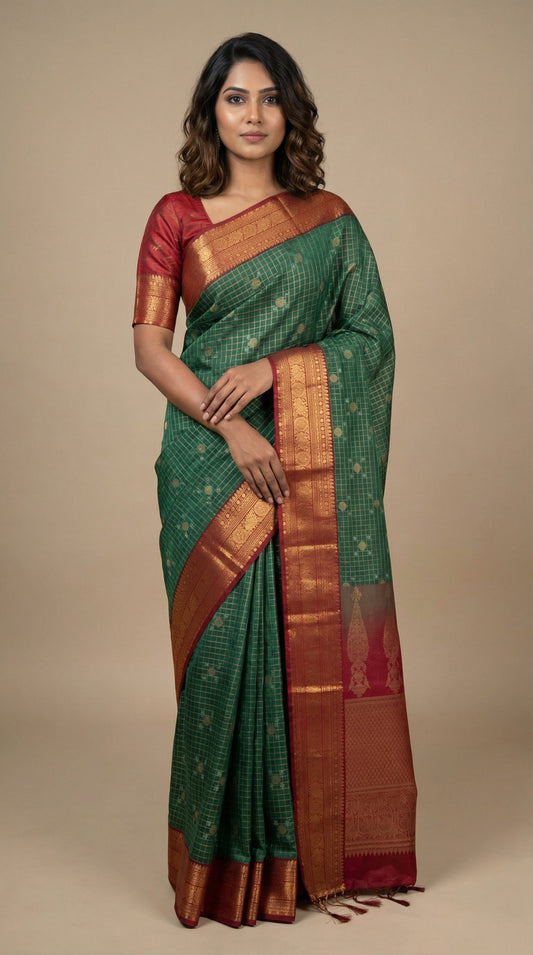 Bottle Green and Maroon Checked soft silk saree