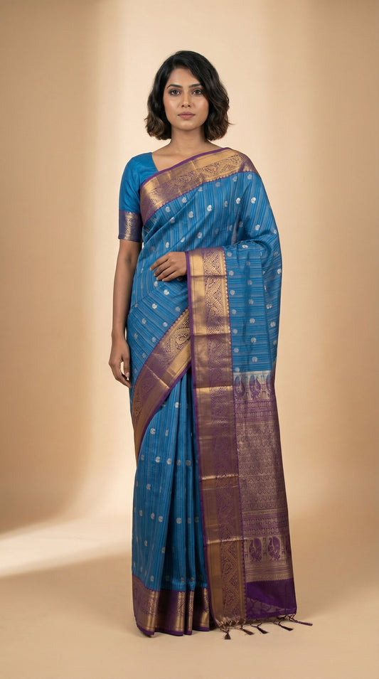 Peacock blue and True purple kanchi soft silk saree
