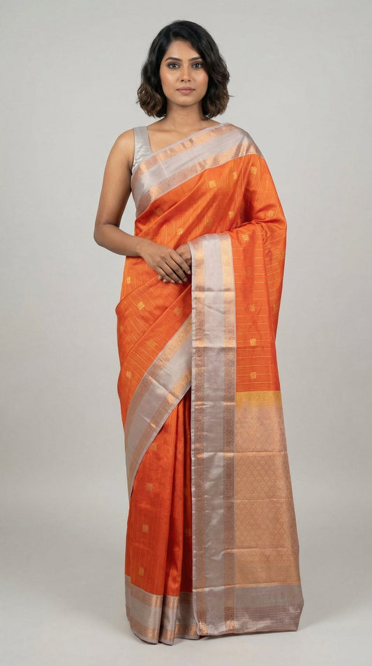 Papaya Orange and Cement grey Vairaoosi semi silk saree