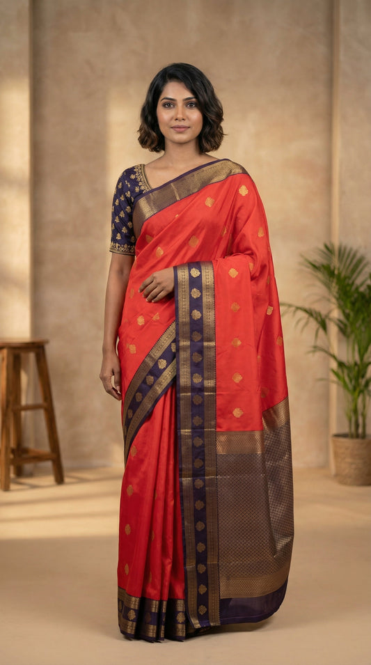Neon orange and Eggplant Purple semi silk saree