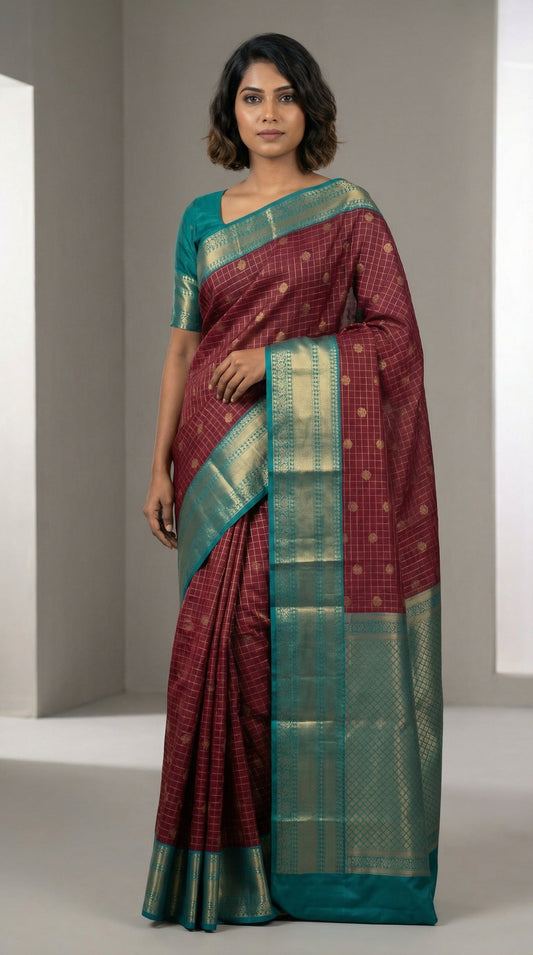 Maroon and Teal green semi silk saree