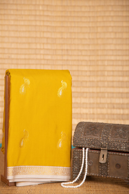 Olive yellow and cloud grey semi silk saree