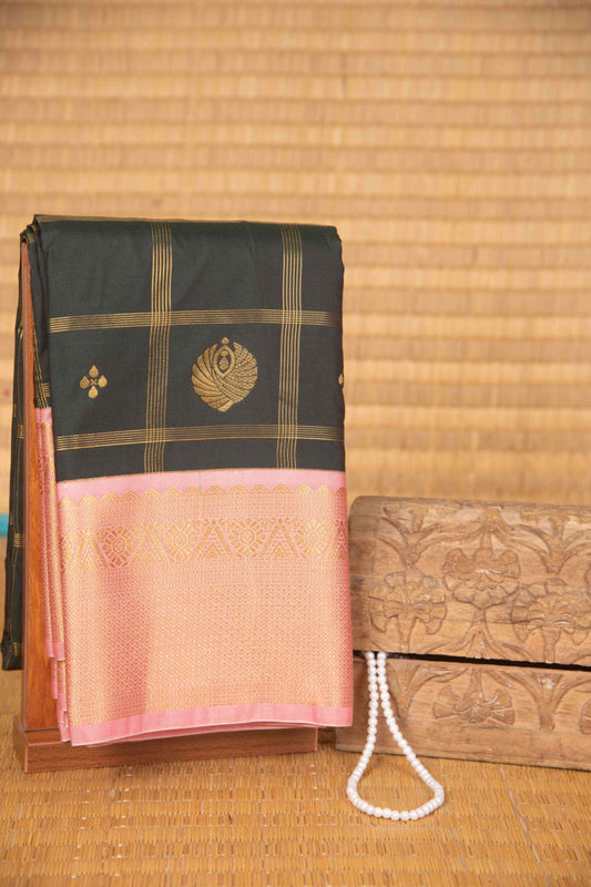 Bottle green and babypink zari kattam semi silk saree