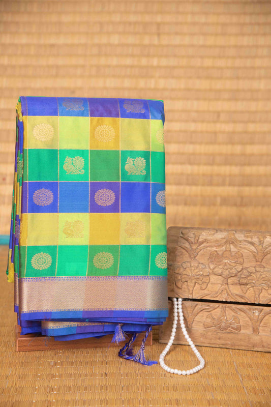 Green and blue multichecks soft silk saree