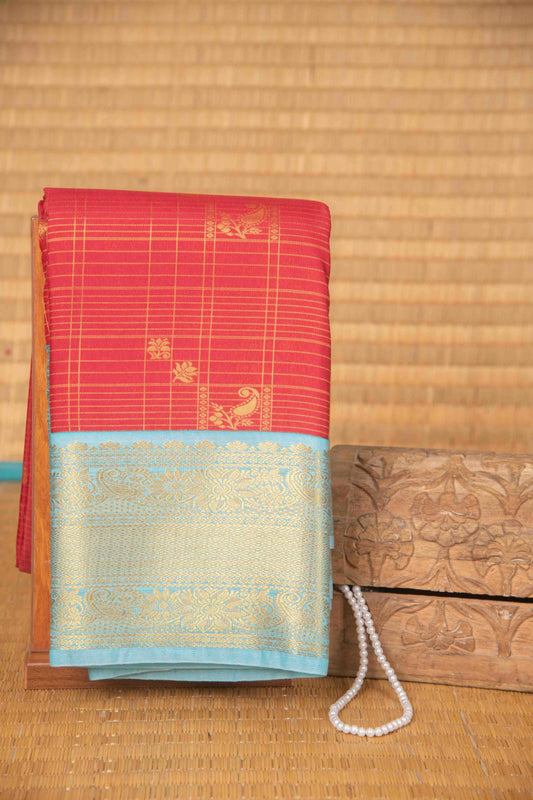 Red and babyblue checks soft silk saree