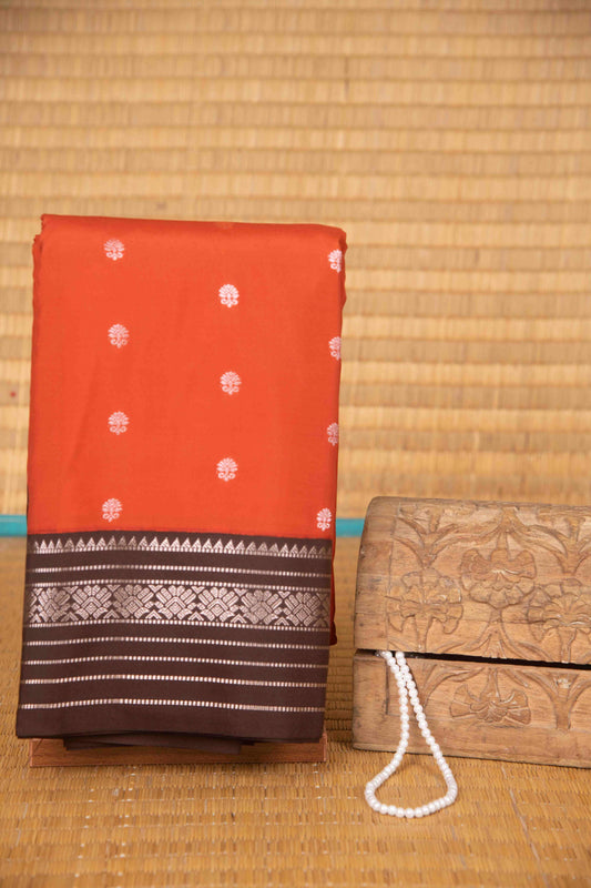 Vermillion orange and brown traditional soft silk saree