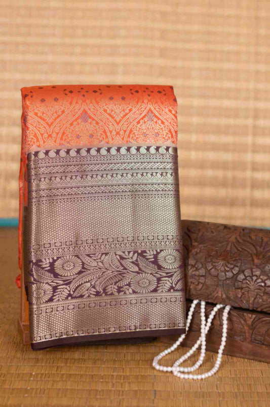 Orange and brown brocade silk saree