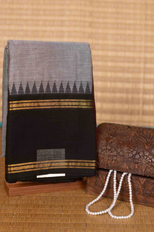 Grey with black and pink retta pettu kanchi cotton saree