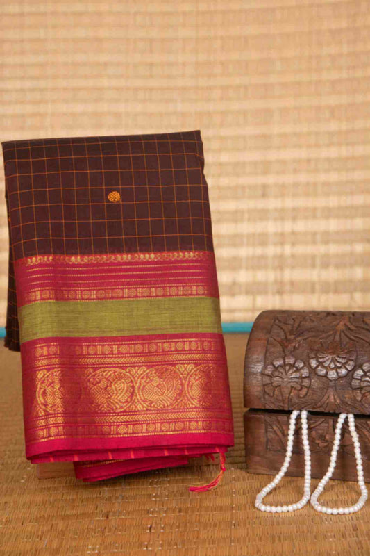 Brown and pink kanchi cotton saree