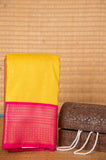 Turmeric yellow and pink soft silk saree