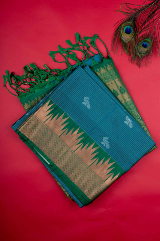 Peacock Blue and green temple border silk saree