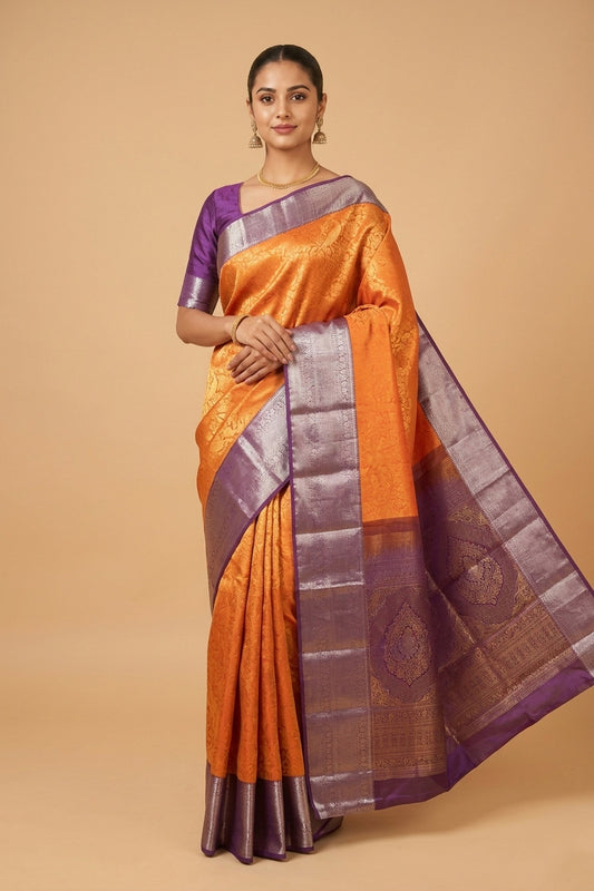Orange and purple brocade silk saree