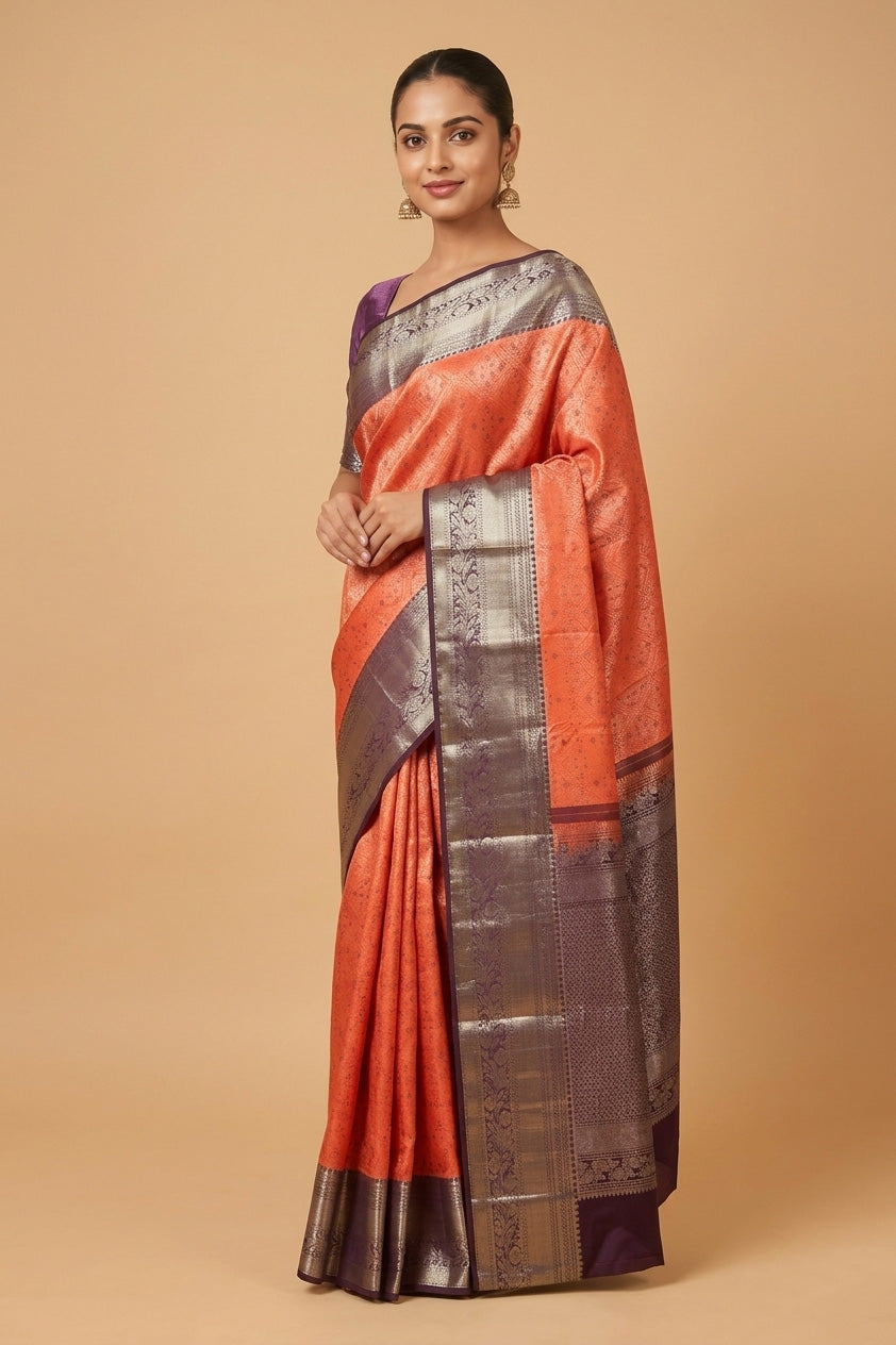 Orange and brown brocade silk saree