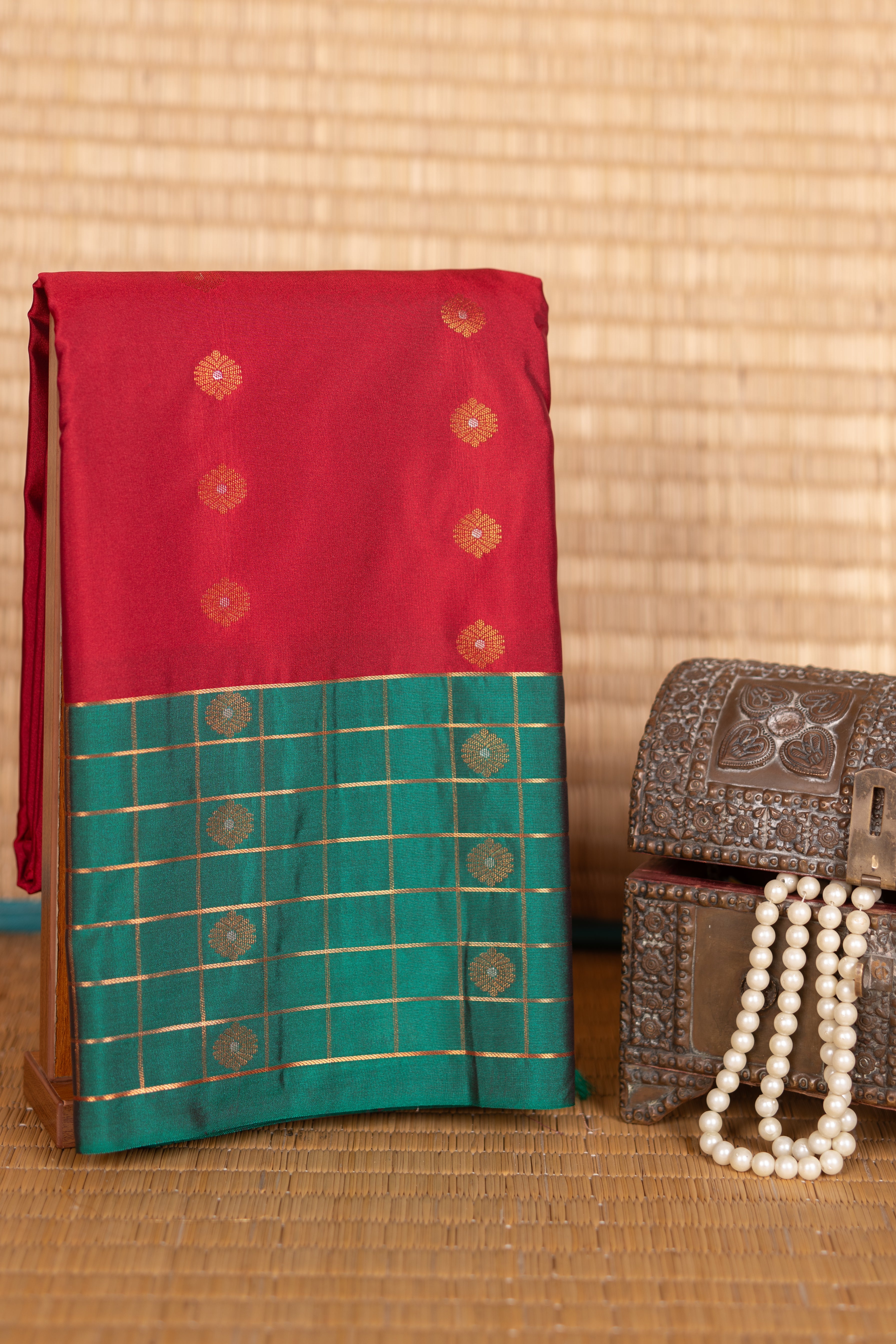 Cherry red and green korvai semi silk saree