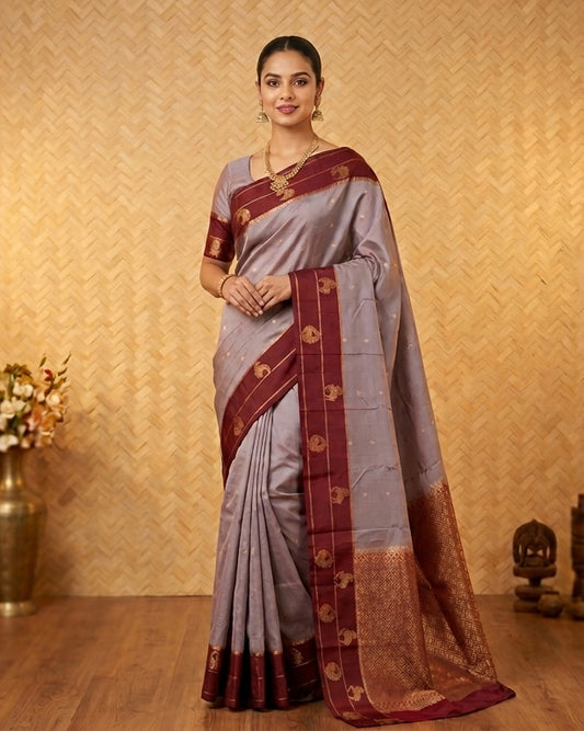 Cadet grey and maroon pure touch silk saree