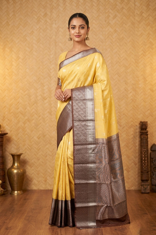 Offwhite and chocolate pure touch silk saree