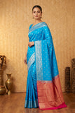 Azure blue and pink designer pure touch silk saree