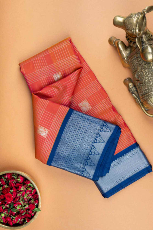 Tomato red and navyblue semi silk saree