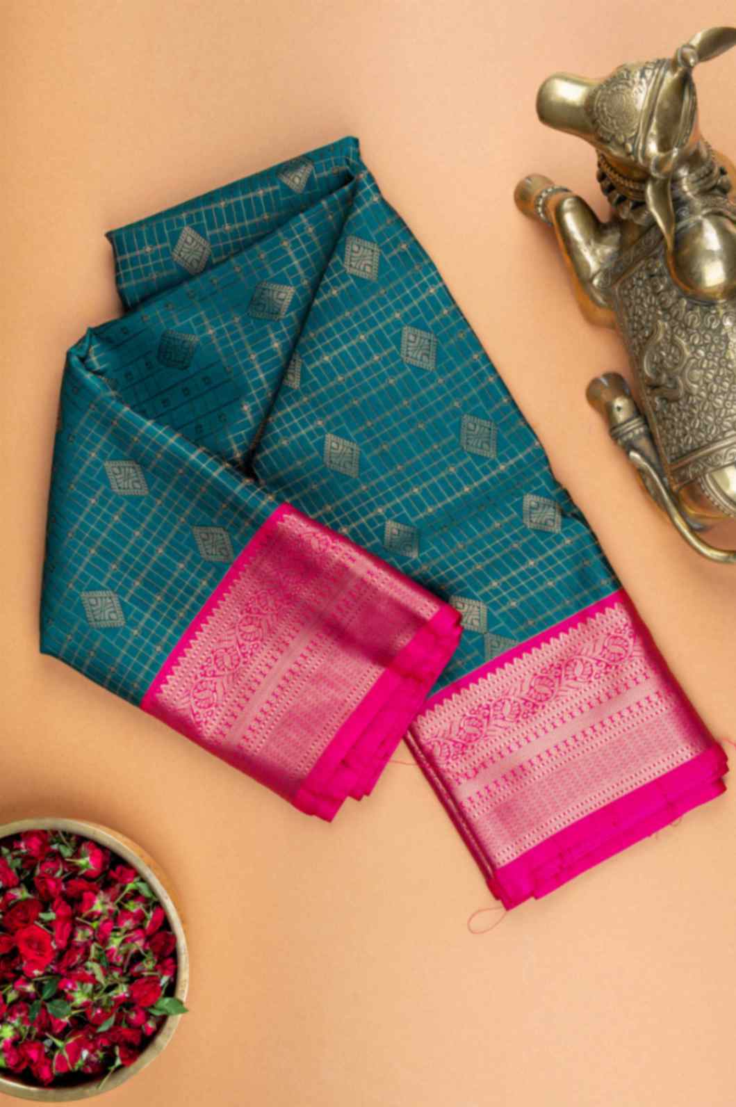 Peacock green and pink semi silk saree