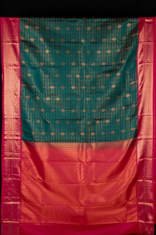 Peacock green and pink semi silk saree