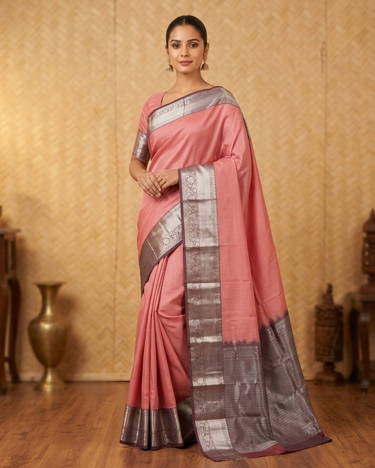 Salmon Pink  and Rosewood pink pure touch silk saree