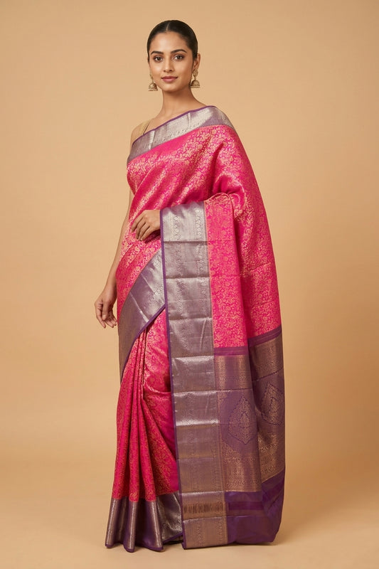 Pink and purple brocade silk saree
