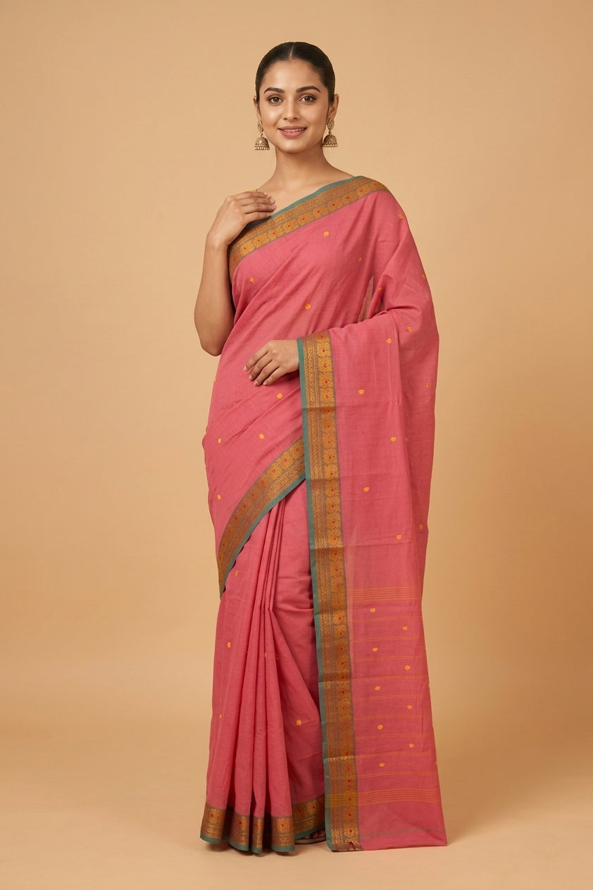 Pink and green kanchi cotton saree