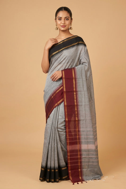 Grey with black and pink retta pettu kanchi cotton saree