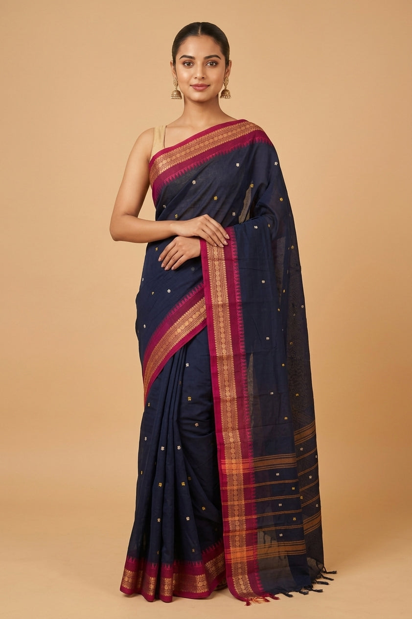 Navyblue and purple kanchi cotton saree