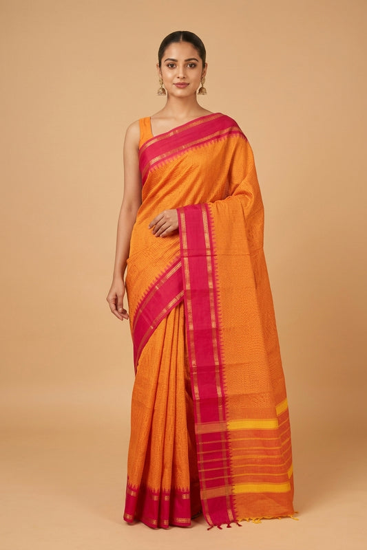 Orange and pink retta pettu kanchi cotton saree