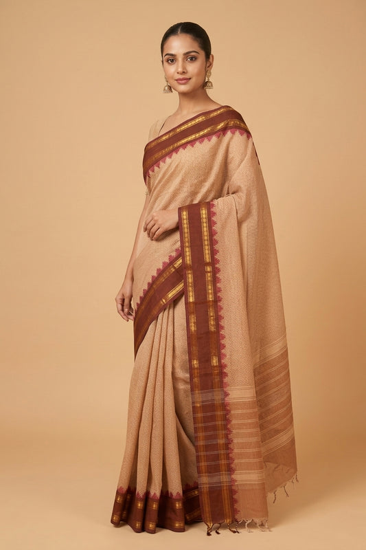 Beige and brown kanchi cotton saree