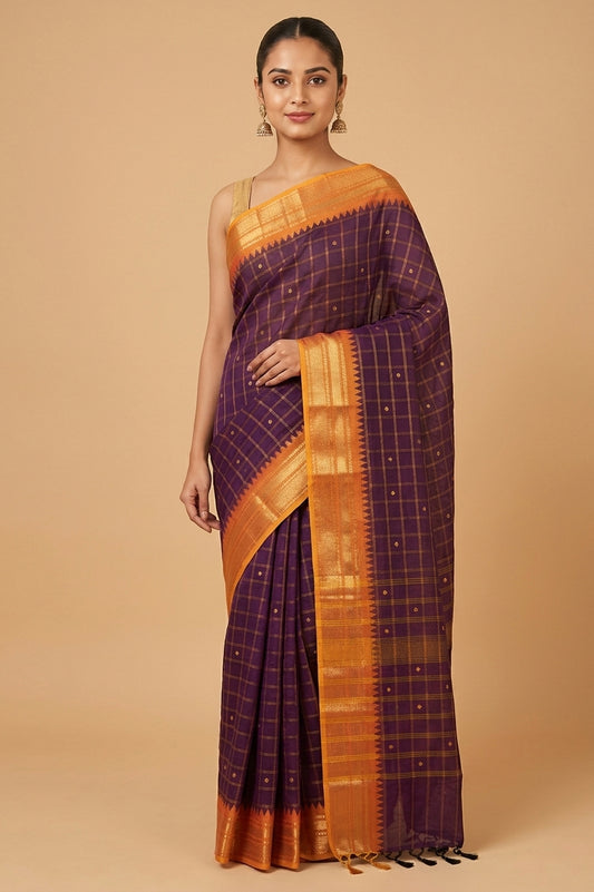 Purple and mustard kanchi cotton saree