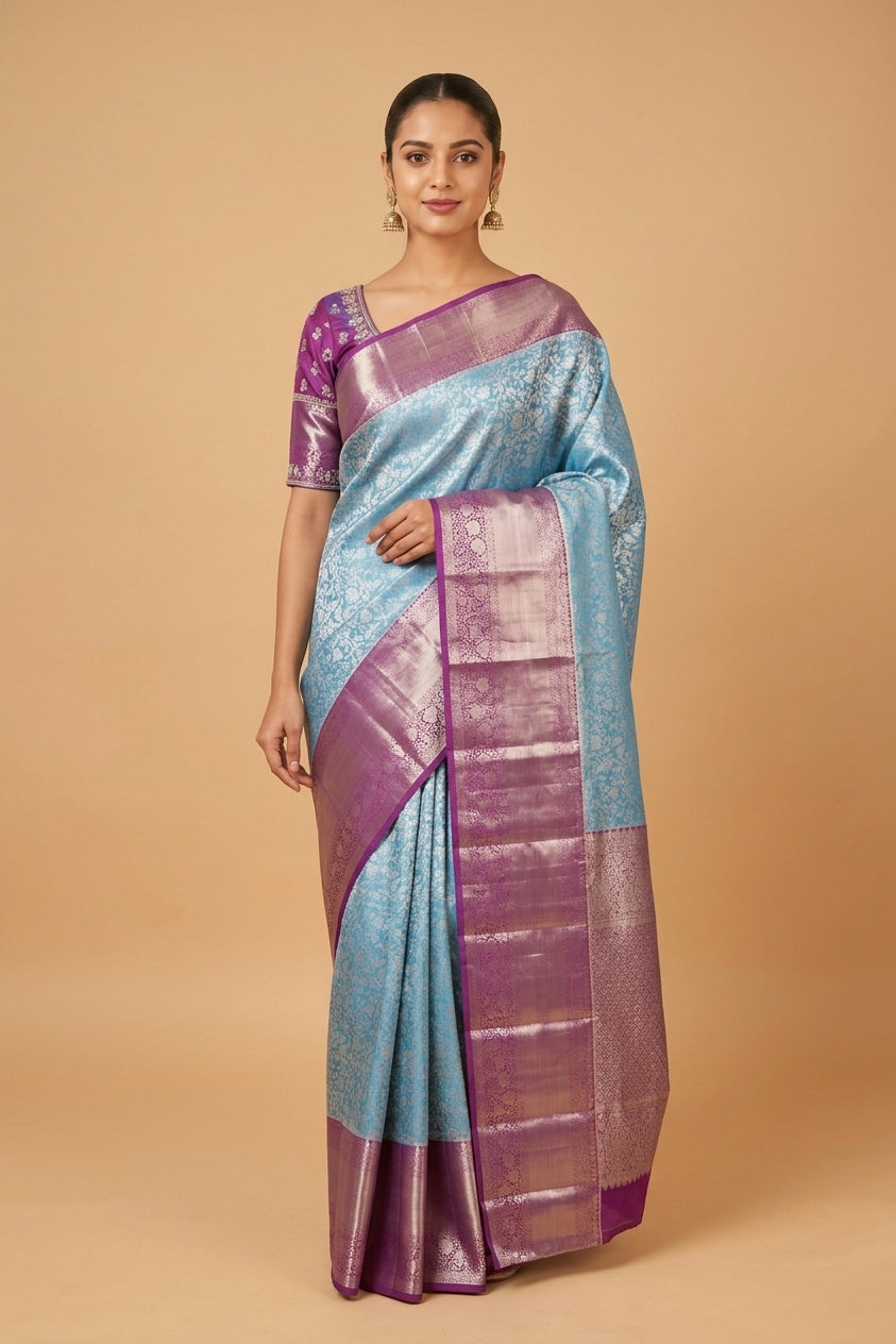 Pastel blue and purple tissue silk saree